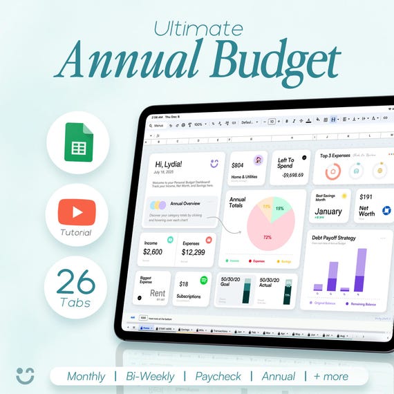 Ultimate Annual Budget Spreadsheet Monthly Personal Budget Paycheck Financial Planner Bill Calendar Net Worth Tracker Google Sheets Template