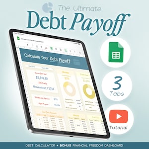 Könnte beinhalten: Ein Tablet zeigt eine Schuldentilgungs-Tabelle mit dem Text "The Ultimate Debt Payoff". Der Bildschirm zeigt Finanzdaten, einschließlich aktueller Schulden, monatlicher Zahlungen und Tilgungsfortschritt. Zusätzliche Symbole: Google Sheets, "3 Tabs" und ein Tutorial-Symbol.