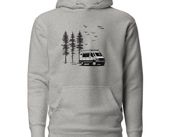 Sprinter Van Adventure Hoodie: Camper Van & Pine Graphic