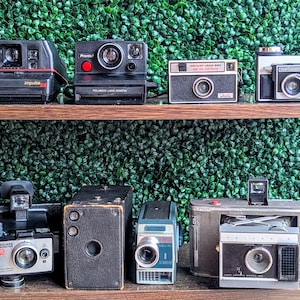 May include: A collection of eight vintage cameras arranged on two shelves. The top row features a black Polaroid Impulse, a black Polaroid Pronto, a silver and black Imperial Instant Load, and a silver and black Kodak Instamatic X-45 camera.