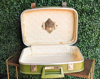 Vintage Hard Shell Train Case - 1960s Olive Green Overnight Travel Suitcase Cosmetics Bag