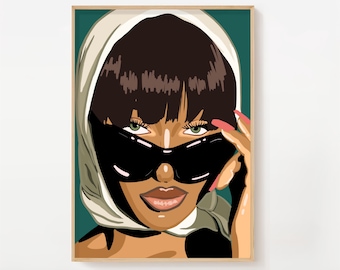 May include: A digital illustration of a woman wearing a white headscarf and black sunglasses. Her eyes are looking directly at the viewer. The background is a teal green color.