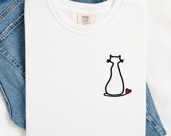 Embroidered Cat T-Shirt: Heart Tail, Minimalist Outline Art