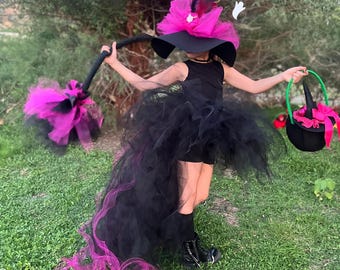 Pink Witch Costume Girls High-Low Tulle Light-Up Bag Custom Halloween