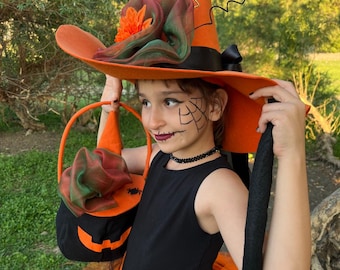 Kids Orange Witch Costume: Tulle Skirt, Felt Hat, LED Pumpkin Bag