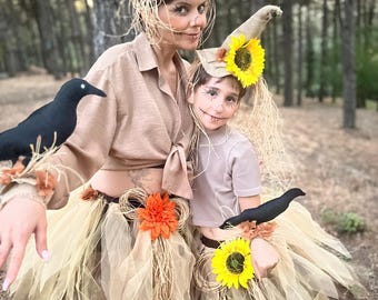 Handmade Scarecrow Costume: Sunflower Tutu Dress, Rustic Halloween Outfit