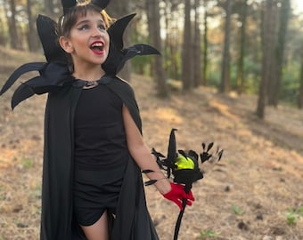Maleficent Costume Set: Black Cape Horn Crown Raven Staff Custom Girls