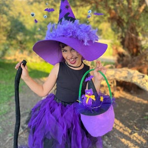 Kids Purple and Black Witch Halloween Costume,Tulle Tutu Skirt, Felt Witch Hat,LED Light-Up Bag and Broomstick,Custom Size Girls Outfit