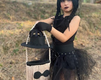 Wednesday Halloween Costume:Tulle Skirt, Yarn Wig, Trick or Treat Bag