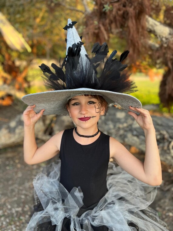 Kids Gray Witch Costume, LED Bag, Tulle Tutu, Felt Hat