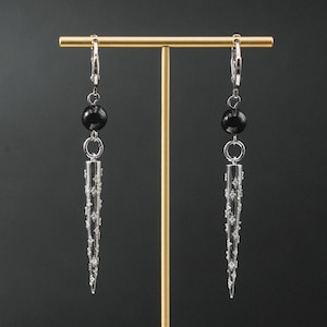 Spike Hoop Dangle Earrings, Gothic Black Bead Silver Spike Long Earrings, Silver Punk Charm Earrings Gift, Unisex Statement Dangle Earrings