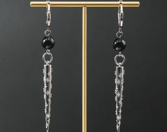 Pendientes colgantes de aro con pinchos, pendientes largos de plata con cuentas negras góticas, pendientes con dije punk de plata, pendientes colgantes unisex llamativos