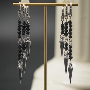 Triple Spike Dangle Earrings, Gothic Black Beads Silver Spike Long Earrings, Silver Punk Charm Earrings Gift, Unisex Statement Earrings