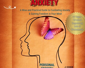 May include: An orange book cover with the title "DEFEATING ANXIETY" in white and red. A butterfly with pink and purple wings is inside a head outline. The book is an "ACTION E-BOOK" about personal growth and combating anxiety.