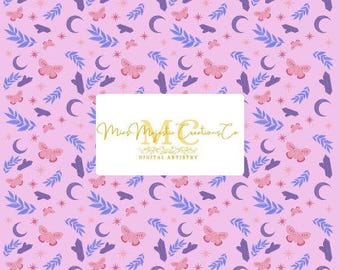 May include: A seamless pattern featuring a pink background with a repeating design of butterflies, crescent moons, crystals, and leaves in shades of purple and blue. The text "Miss Mystic Creations Co. Digital Artistry" is centered in a white rectangle.