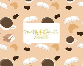 Kaffee Croissant Buch Nahtlose Muster, Kaffee Muster, Sofortige Download-Datei, Stoff Oberflächendesign, Vinyl, Digitales Papier, Neutrales Muster