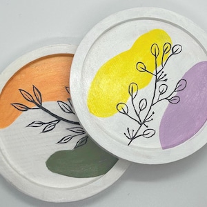 Hand Painted Coasters, Floral Coasters, Botanical Abstract Design, House Decor, Decorative Coaster Set, Wooden Coasters, Small Gift Ideas,