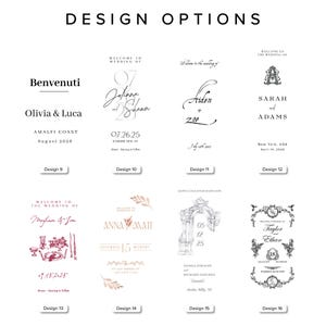 May include: A collection of wedding design options featuring various text layouts and decorative elements. Designs include names, dates, and locations, with options for different fonts and styles. The phrase "DESIGN OPTIONS" is at the top.