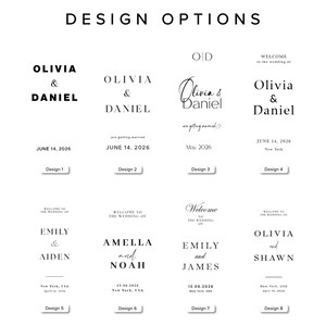 K&ouml;nnte beinhalten: Eine Auswahl an Hochzeitsdesign-Optionen mit Namen und Daten. Die Designs verwenden verschiedene Schriftarten und Layouts, mit Namen wie Olivia & Daniel, Emily & Aiden und Amella und Noah. Der Text "DESIGN OPTIONS" steht oben.