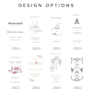 May include: A collection of wedding design options, featuring various text layouts and decorative elements. Designs include names, dates, and locations, with options for different fonts and styles. The phrase "DESIGN OPTIONS" is at the top.
