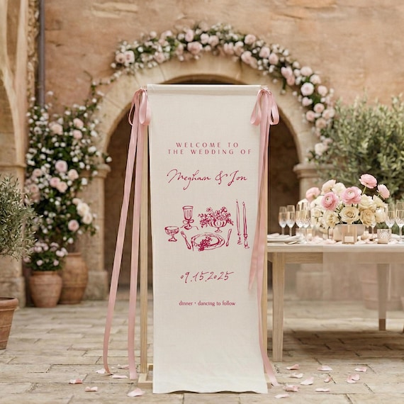 Custom Illustrated Wedding Sign, Linen Fabric Welcome Banner, Ceremony Decor