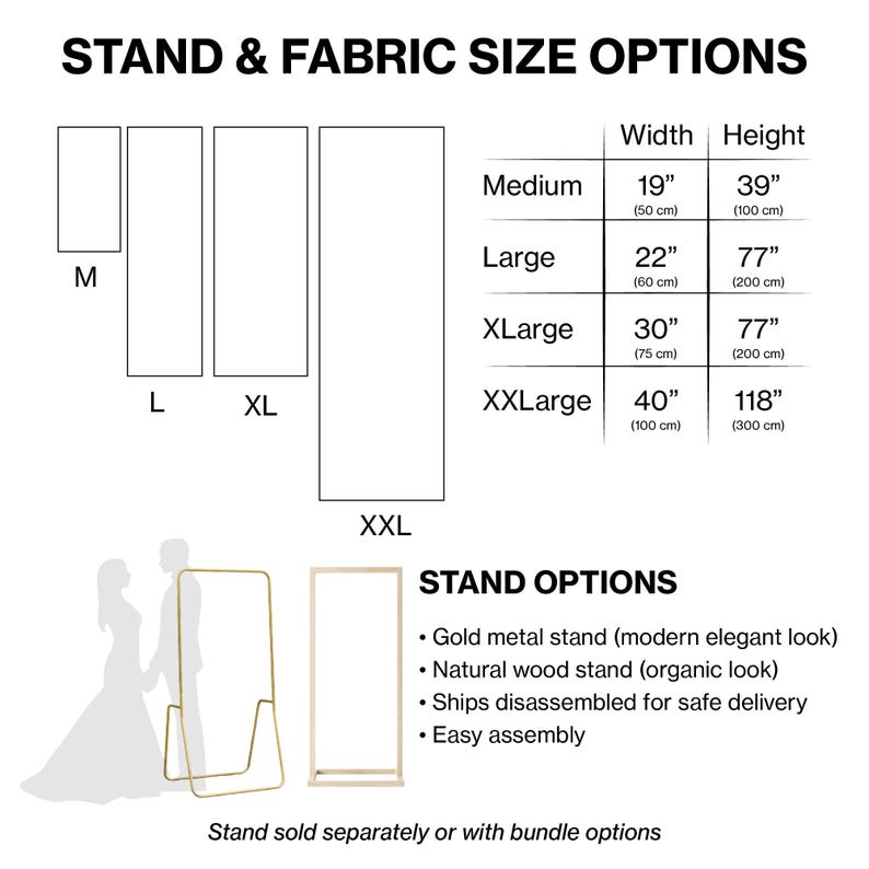 May include: Image showing stand and fabric size options. Sizes include Medium (19" wide, 39" high), Large (22" wide, 77" high), XLarge (30" wide, 77" high), and XXLarge (40" wide, 118" high). Stand options include gold metal and natural wood.