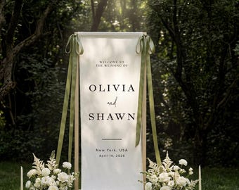 Forest Wedding Welcome Sign, Linen Fabric Banner, Outdoor Ceremony Decor