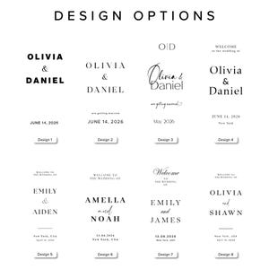 May include: A collection of wedding design options featuring names and dates in various fonts. The designs include names like Olivia & Daniel, Emily & Aiden, and Amella and Noah, with dates and locations.