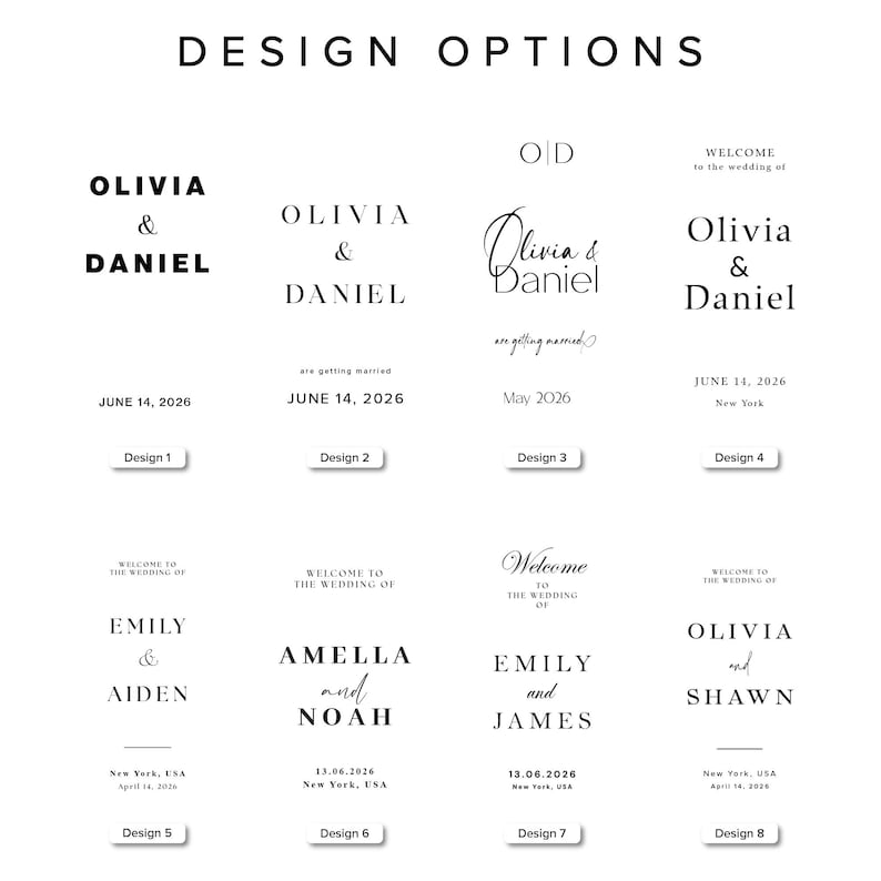 May include: A collection of wedding design options featuring names and dates in various fonts. The designs include names like Olivia & Daniel, Emily & Aiden, and Amella and Noah, with dates and locations.