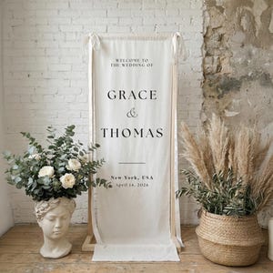 Tabliczka powitalna z tkaniny, nowoczesna dekoracja weselna, spersonalizowany baner płócienny, dekoracja na przyjęcie w stylu boho