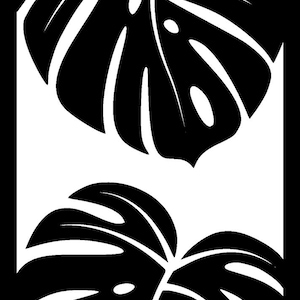 May include: Black and white illustration of three monstera leaves in a black frame with black legs.