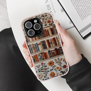 Boek telefoonhoesje Vintage boekenplank telefoonhoesje bloemen boek telefoonhoesje Cadeau voor lezers Geborduurd telefoonhoesje