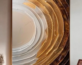 Golden and neutral color swirl abstract oil painting, large 3D textured impasto painting, modern luxury living room and bedroom decoration