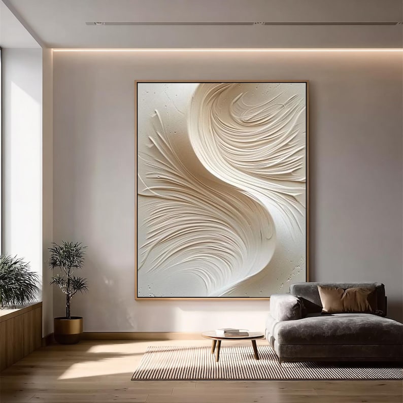 Beige S-swirl Abstract Wall Art, 3D Textured Impasto Painting, Neutral ...