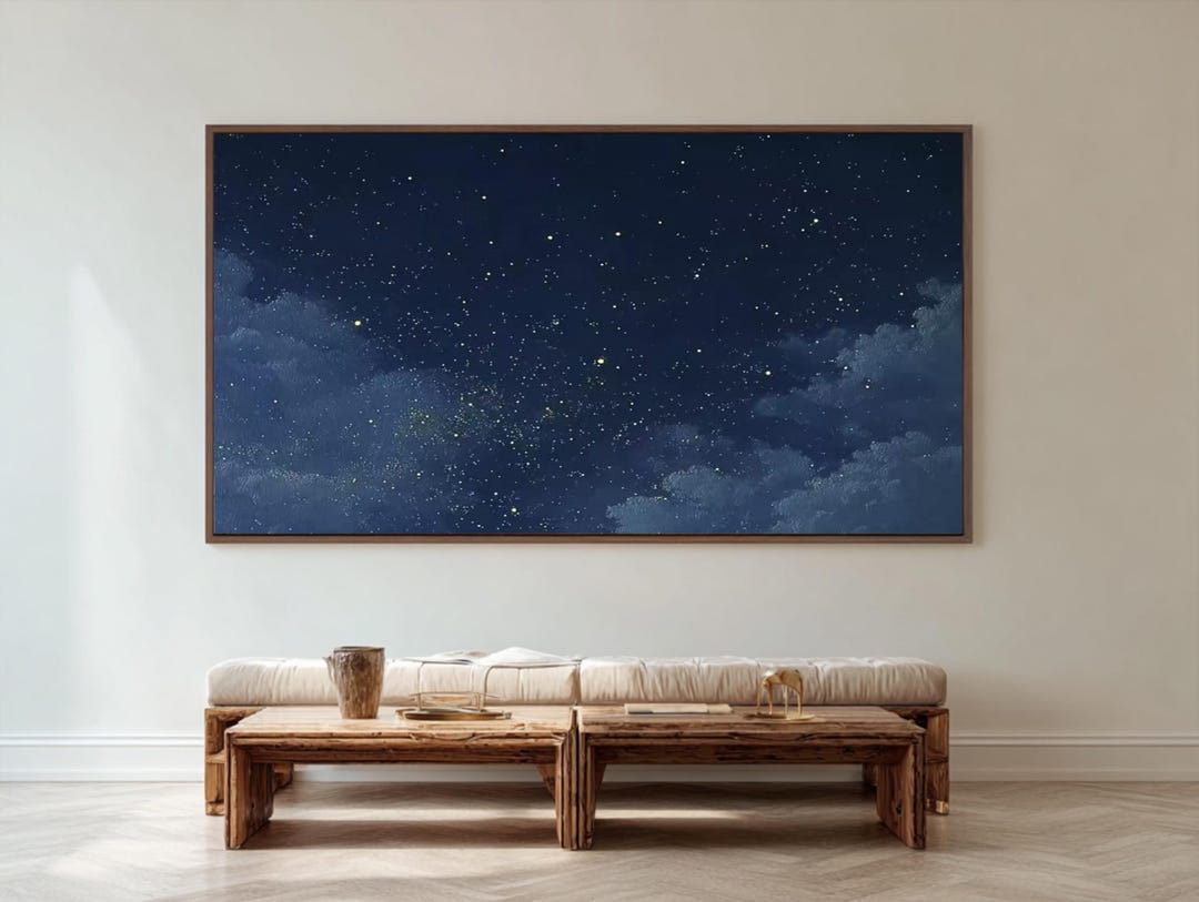 Large Modern Textured Night Sky Wall Art, Deep Blue Starry Sky Oil ...