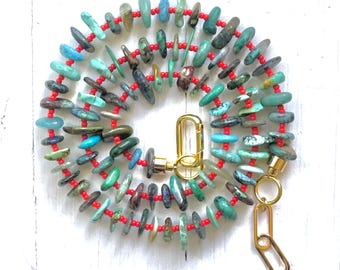 Turquoise Color Chrysocolla Gemstone Necklace, Red Accents, Gold Plated, Carabiner Clasp