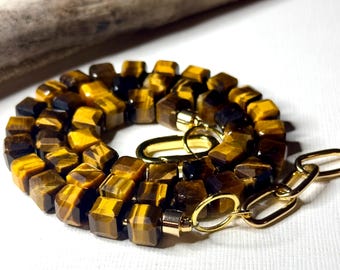 Tiger's Eye Necklace: Natural Cubed Gemstone, Gold Plated Carabiner Clasp