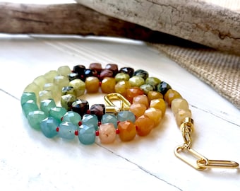 Colorful Earth Tone Beaded Gemstone Necklace, Red Accents, Gold Plated, Carabiner Clasp