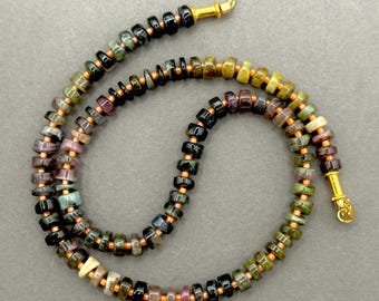 Dainty Tourmaline Gemstone Necklace, Peach Accents, Gold Plated