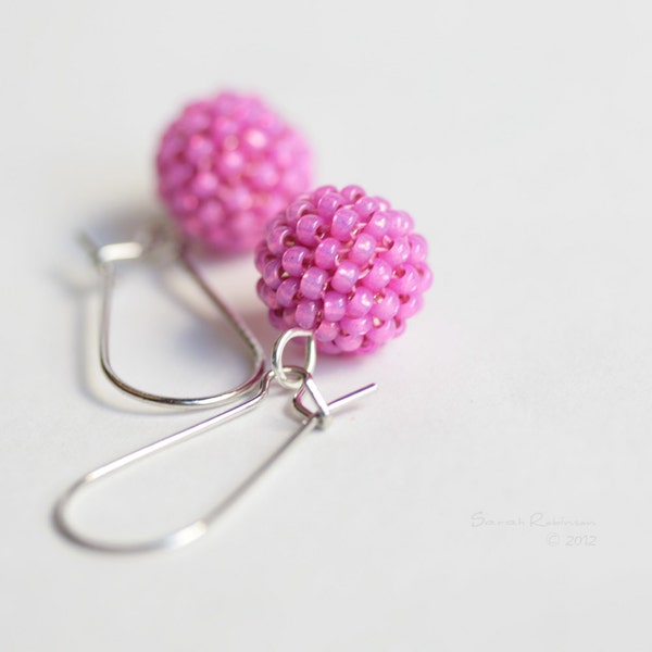 Hot Pink Beaded Bead Earrings Dangle Handbeaded Pearl