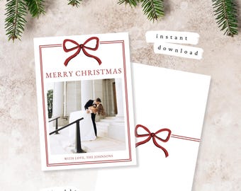 Classic Bow Christmas Photo Card: Editable Canva Template (Digital Download