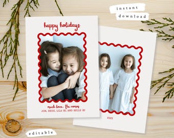 Wavy Border Christmas Photo Card Template: Editable Canva Design (Digital Download)