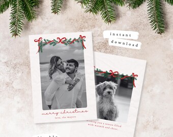 Plantilla de tarjeta navideña coqueta: Lazo de guirnalda, foto vertical (Canva editable, descarga digital)