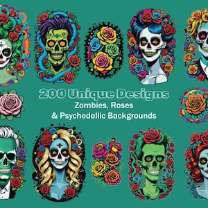 Puede incluir: Una colección de 200 diseños únicos con zombies, rosas y fondos psicodélicos. Los diseños son coloridos y presentan una variedad de estilos, incluyendo dibujos animados, ilustraciones y arte gráfico.