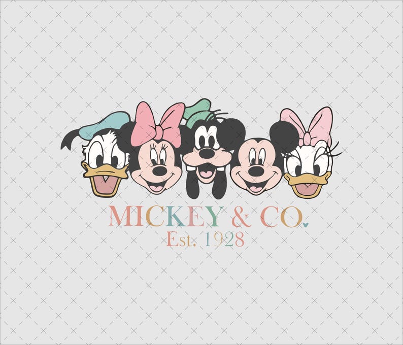 May include: A colorful illustration of Mickey Mouse, Minnie Mouse, Donald Duck, and Goofy. The characters are smiling and looking at the viewer. The text "MICKEY & CO. Est. 1928" is below the characters.