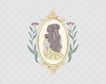 Belle Enchanted Rose Png, Pobierz natychmiast, Clipart z księżniczką w stylu vintage, Naklejka na koszulkę i kubek