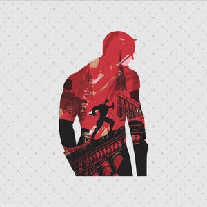 May include: A red silhouette of a superhero with a city skyline superimposed over the figure. The superhero is facing to the right and has a mask on. The city skyline is in shades of grey and black.