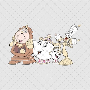 Puede incluir: Una ilustración de dibujos animados de personajes de la película de Disney La Bella y la Bestia. Los personajes son Din Don el reloj, la señora Tetera la tetera y Lumière el candelabro. Todos están sonriendo y mirando al espectador.
