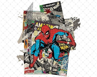 Spider-Man Comic Collage Png SVG, natychmiastowe pobranie, projekt koszulki retro z superbohaterem, plik clipart do sublimacji