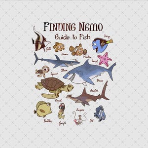 Può includere: Un'illustrazione stravagante intitolata "Finding Nemo Guide to Fish" con varie creature marine dei cartoni animati. L'immagine include personaggi come Nemo, Dory e Bruce, con i loro nomi etichettati. L'opera d'arte ha uno stile disegnato a mano con uno sfondo chiaro.